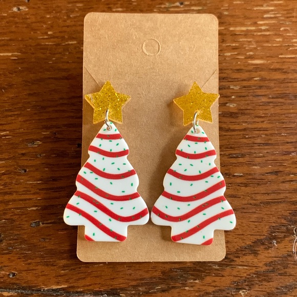 Snack Cake Christmas Tree Earrings with Glitter Gold Stars - Picture 1 of 4